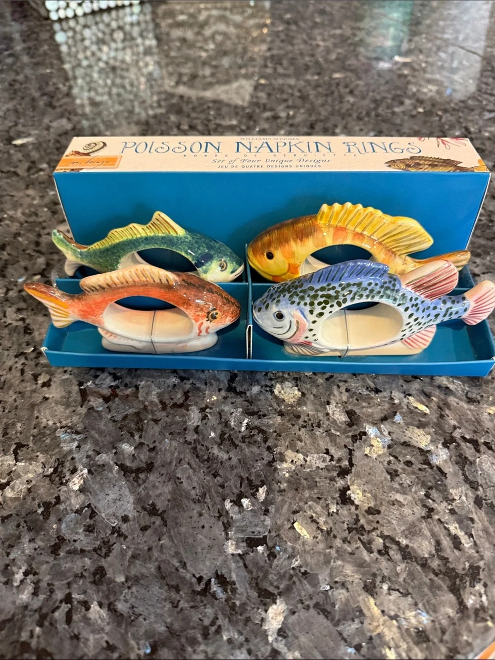 Set of 4 Williams Sonoma “Poisson” Fish Ceramic Napkin Rings in Box